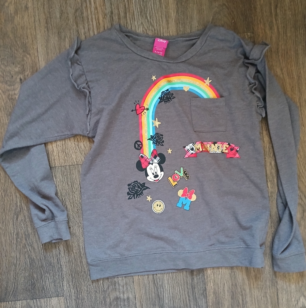 Disney Minnie Mouse Gray Rainbow Ruffled Long Sleeve Shirt.